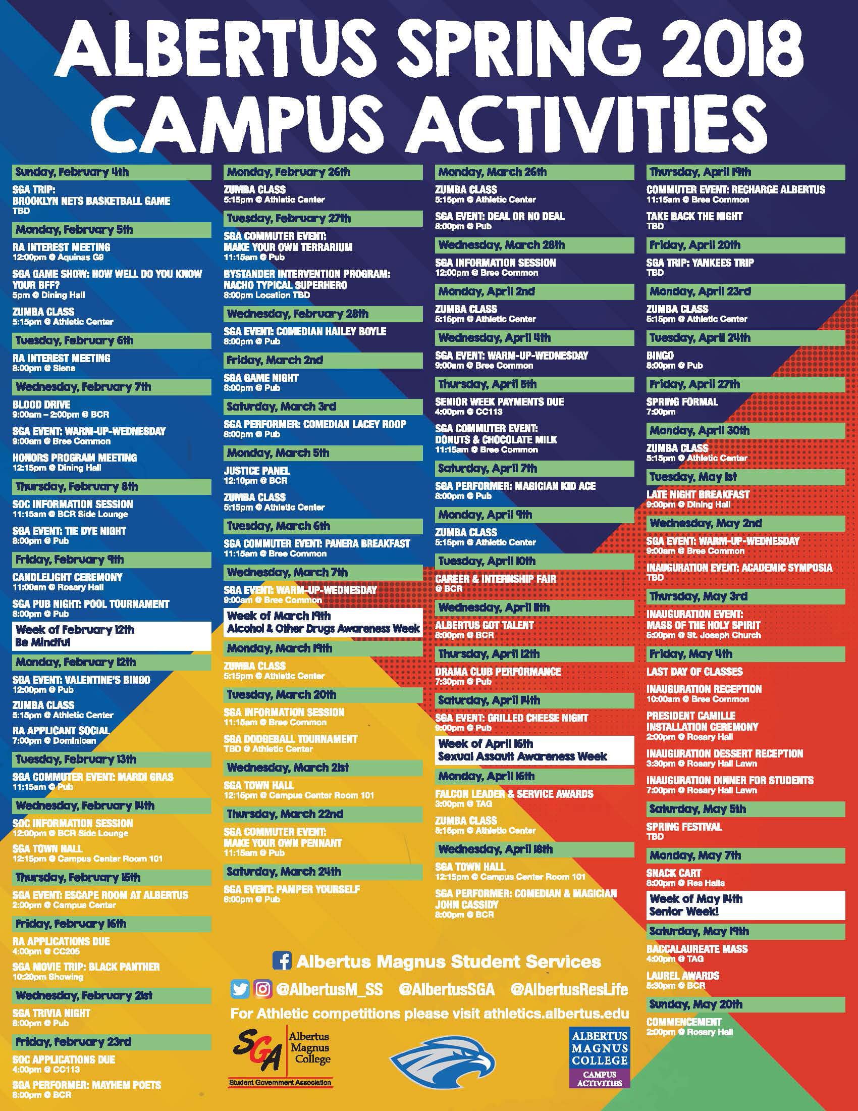 Student Services Monthly Calendar and Activities Poster at Albertus